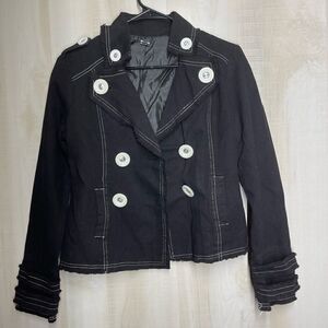 NWOT AZIZ black‎ denim jacket white button, size medium